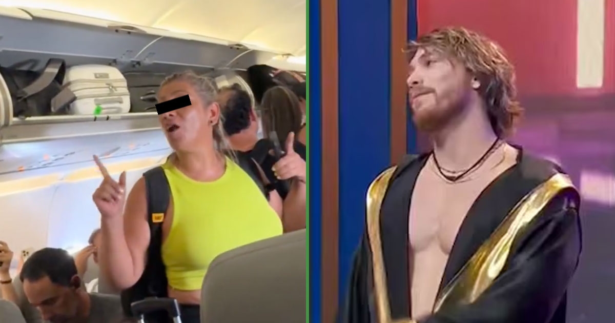 Caros passageiros... uma mulher promove Aldo de Nigris durante um voo.