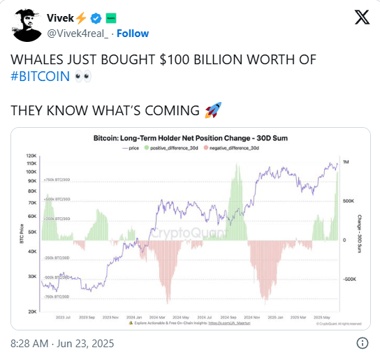 Las ballenas cripto compran Bitcoin por 100 mil millones de dólares: ¿corrección antes del final?