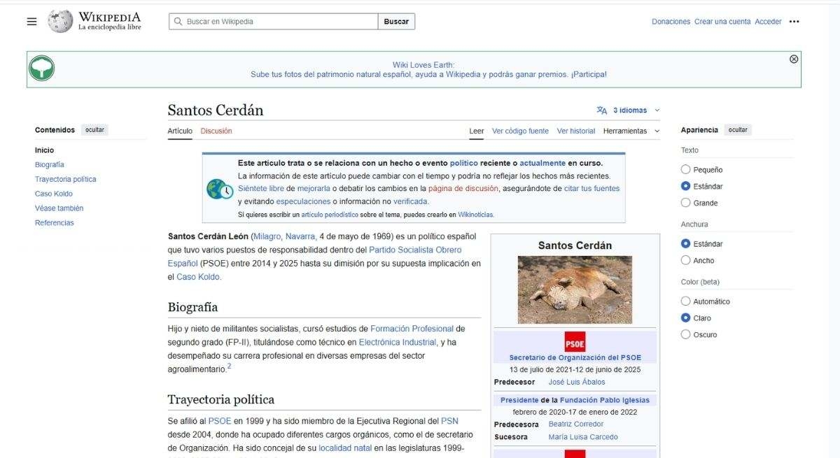 Фотография профиля Сантоса Сердана в Википедии была изменена и теперь включает изображение животного.