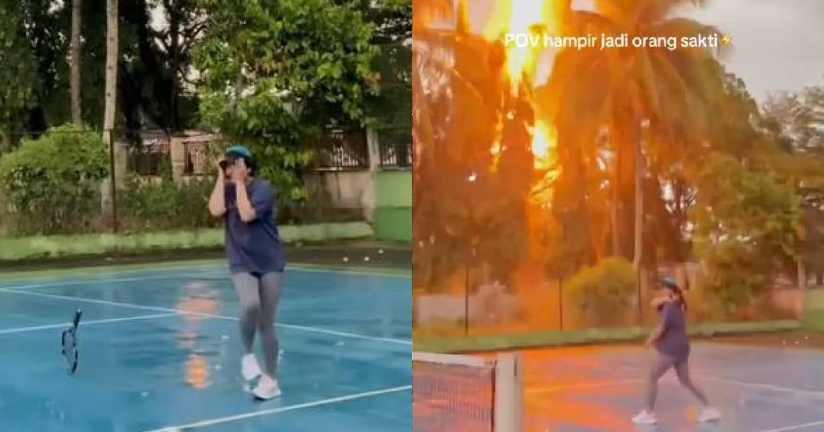 Nauwelijks! De bliksem slaat in op enkele meters afstand van een tennisser. VIDEO