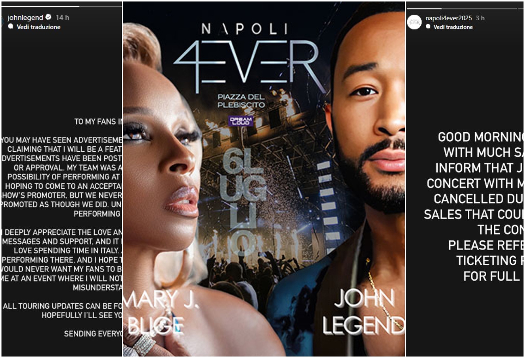 Mary J. Blige and John Legend's concert in Piazza del Plebiscito for Napoli 4ever 2025 has been cancelled: how to get a refund for your tickets